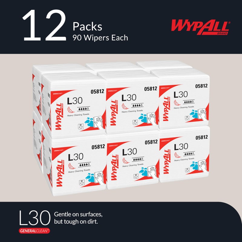 WypAll GeneralClean L30 Cloths Heavy Duty Cleaning Wipes (05812), Quarterfold, Strong and Soft Bulk Paper Wipers, White (12 Packs of 90 Sheets, 1,080 Sheet Total) - Image 2