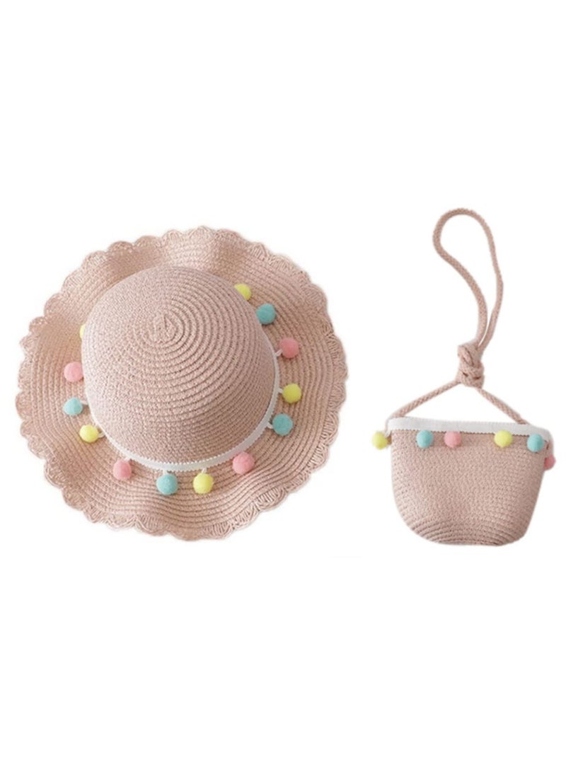 Kids Girls Large Wide Brim Straw Woven Sun Protection Beach Hat with Colorful Pompom Ball Summer Floppy Bucket Cap and Portable Handbag for Outdoor Travel  - Image 1