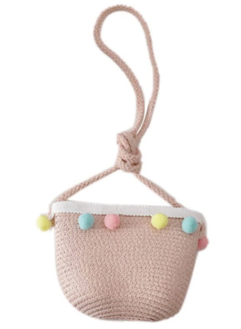 Kids Girls Large Wide Brim Straw Woven Sun Protection Beach Hat with Colorful Pompom Ball Summer Floppy Bucket Cap and Portable Handbag for Outdoor Travel  - Image 2