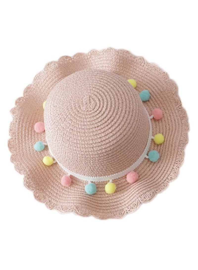 Kids Girls Large Wide Brim Straw Woven Sun Protection Beach Hat with Colorful Pompom Ball Summer Floppy Bucket Cap and Portable Handbag for Outdoor Travel  - Image 3