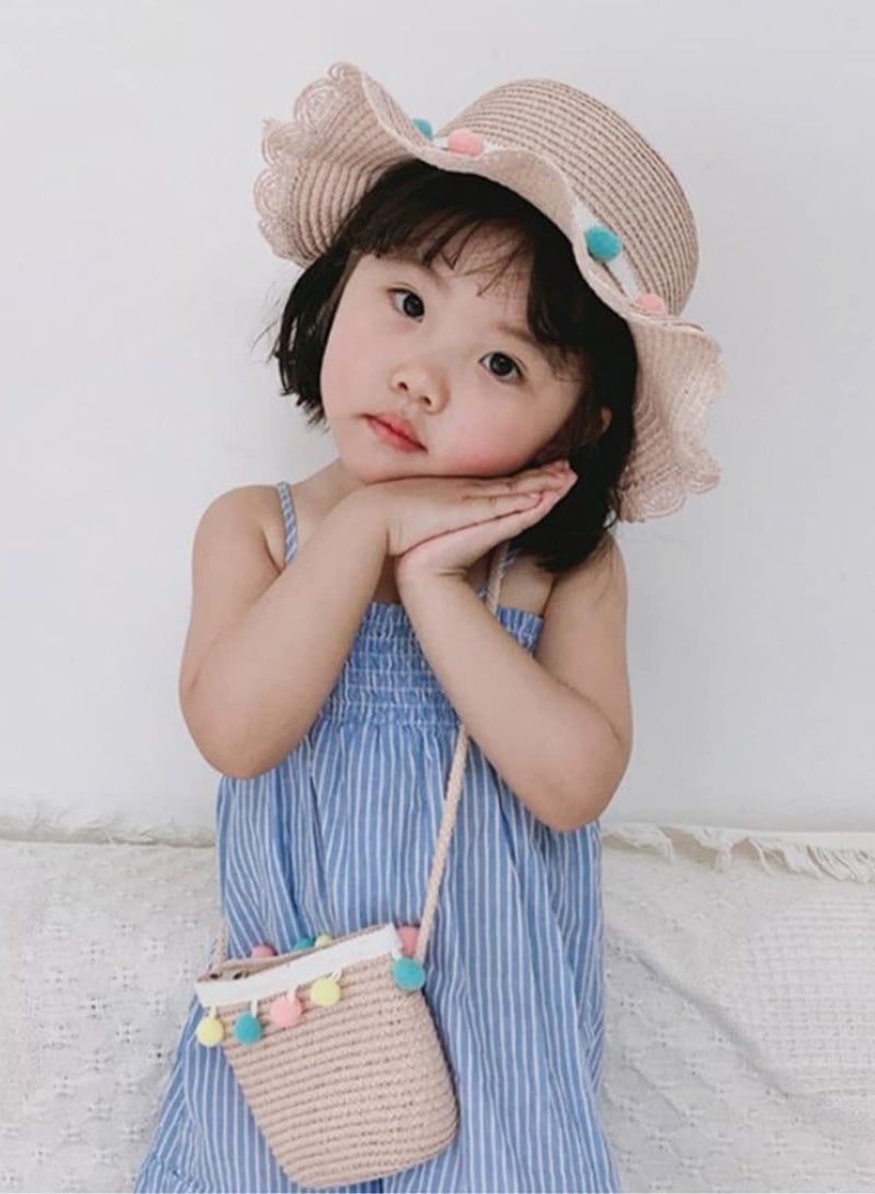 Kids Girls Large Wide Brim Straw Woven Sun Protection Beach Hat with Colorful Pompom Ball Summer Floppy Bucket Cap and Portable Handbag for Outdoor Travel  - Image 4