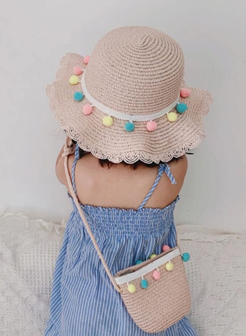 Kids Girls Large Wide Brim Straw Woven Sun Protection Beach Hat with Colorful Pompom Ball Summer Floppy Bucket Cap and Portable Handbag for Outdoor Travel  - Image 5