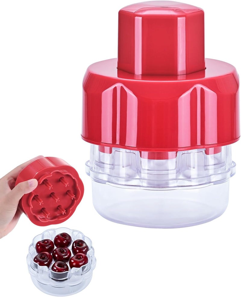 COFFWAY Cherry Pitter Tool, Multiple Fruit Seed Remover, 7-Cherry Capacity, Red and Clear - Image 1