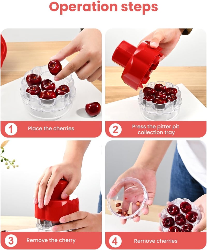 COFFWAY Cherry Pitter Tool, Multiple Fruit Seed Remover, 7-Cherry Capacity, Red and Clear - Image 4