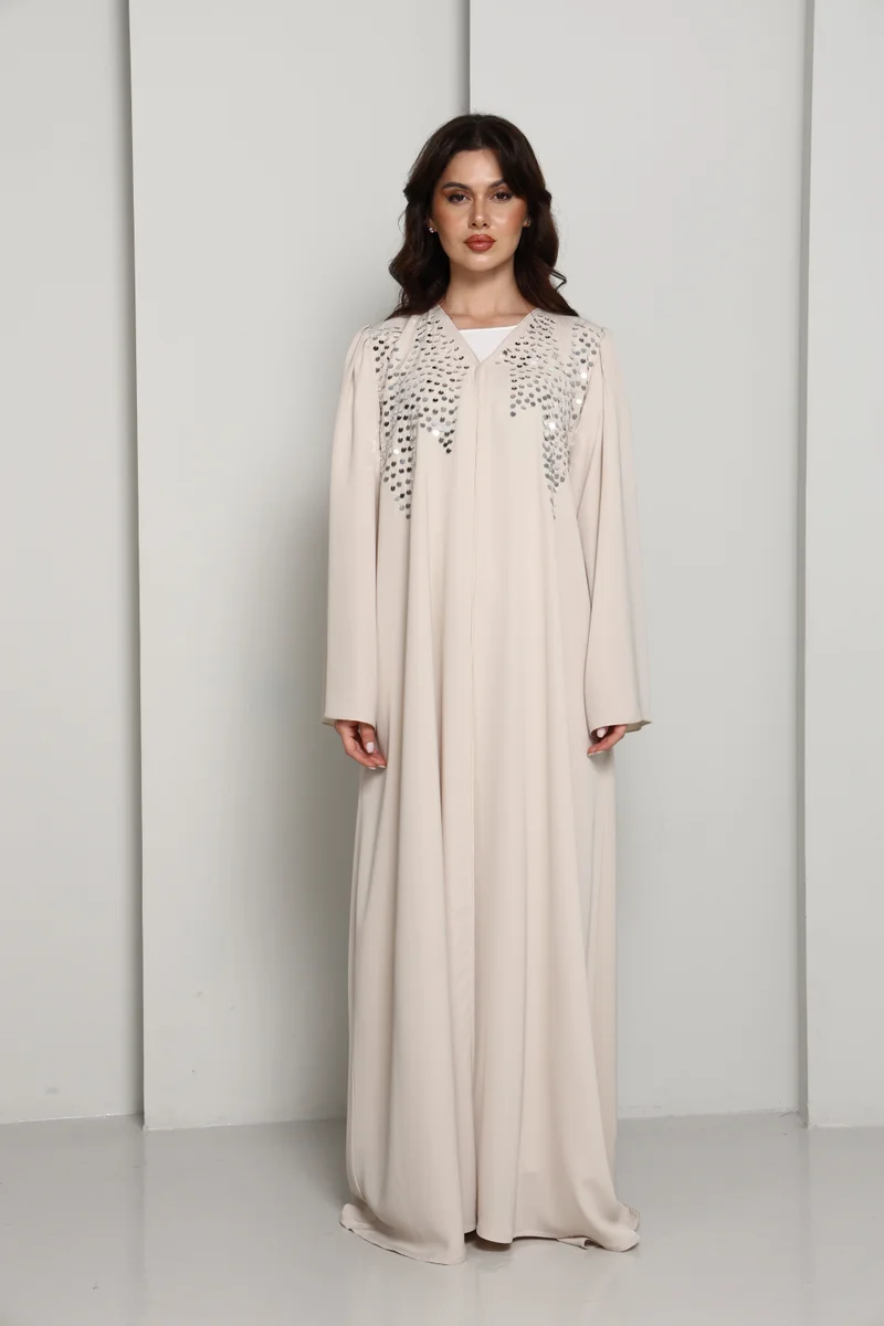Modern Open Abaya with Silver Sequin Handwork | Premium Fabric Cream Edition
