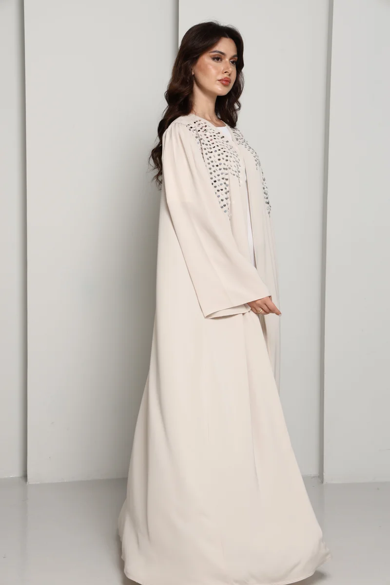 MSquare Fashion Modern Open Abaya with Silver Sequin Handwork | Premium Fabric Cream Edition