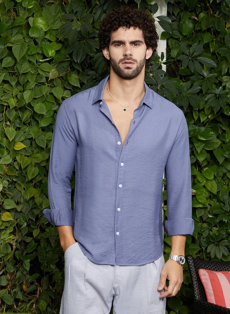Campus Sutra Men's Cornflower Blue Breezy Wrinked Relaxed Shirt