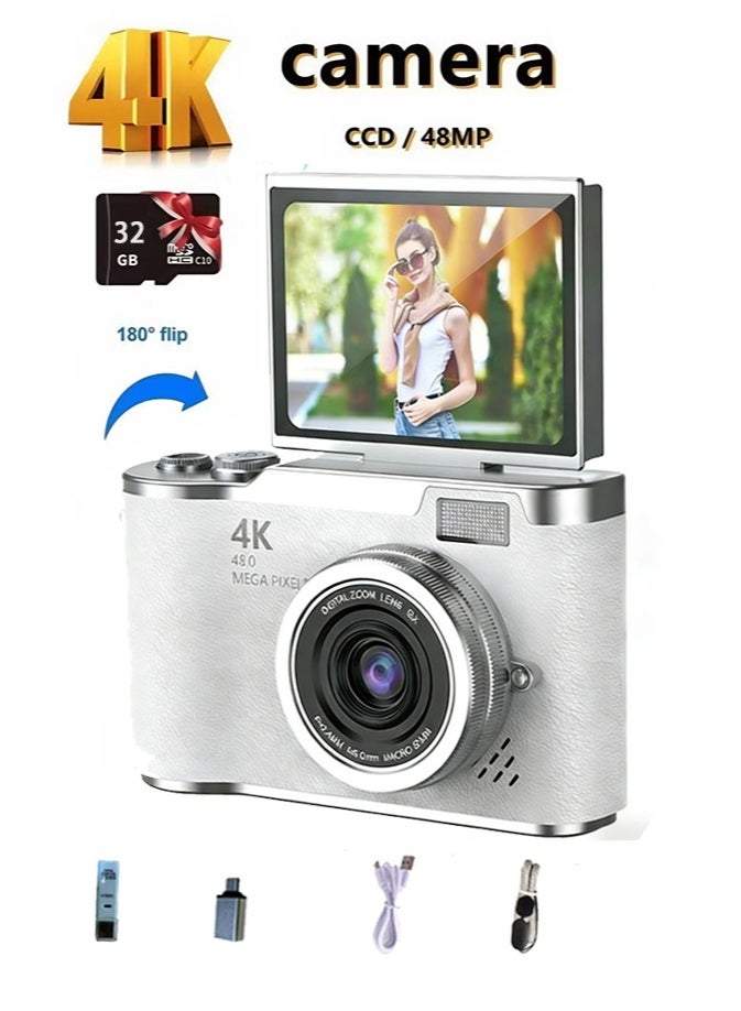4k CCD Digital Zoom Student Digital Camera 48MP Portable Digital Photography Camera 180° Flip Screen Selfie Camera,free 128GB SD card