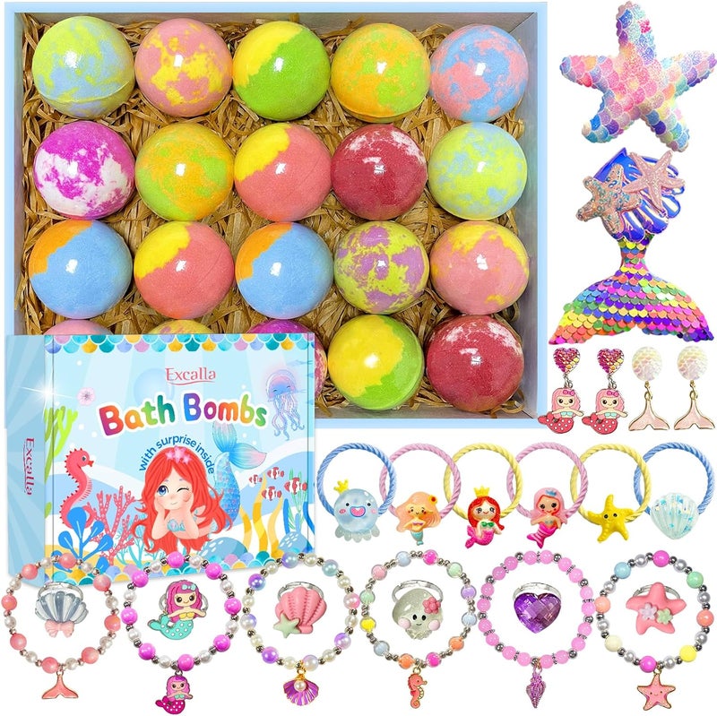 Mermaid Bath Bombs for Kids Girls with Surprise Inside 20 Pcs Kids Fizzy Fun Princess Bath Bomb with Jewelry Toys Girls Gift Set for Easter Basket Stuffer Easter Egg Birthday Christmas