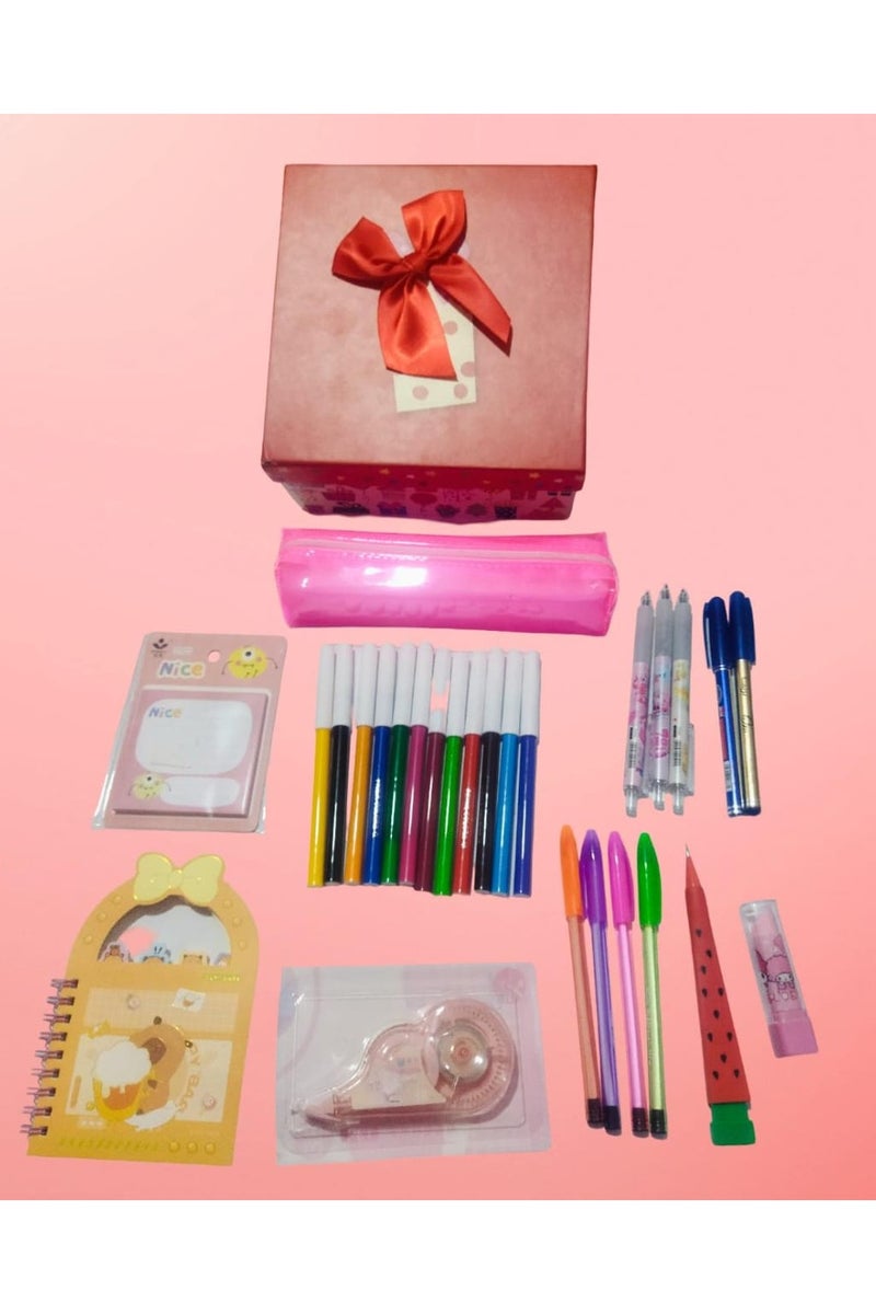 Box 27-piece school supplies set (Highlighter pencil case + 12 felt-tip pens + 2 blue ballpoint pens + watermelon ballpoint pen + lipstick stick + cartoon notebook + sticky notes + 4 colored highlighters + correction tape + 3 cartoon ballpoint pens) - Image 1