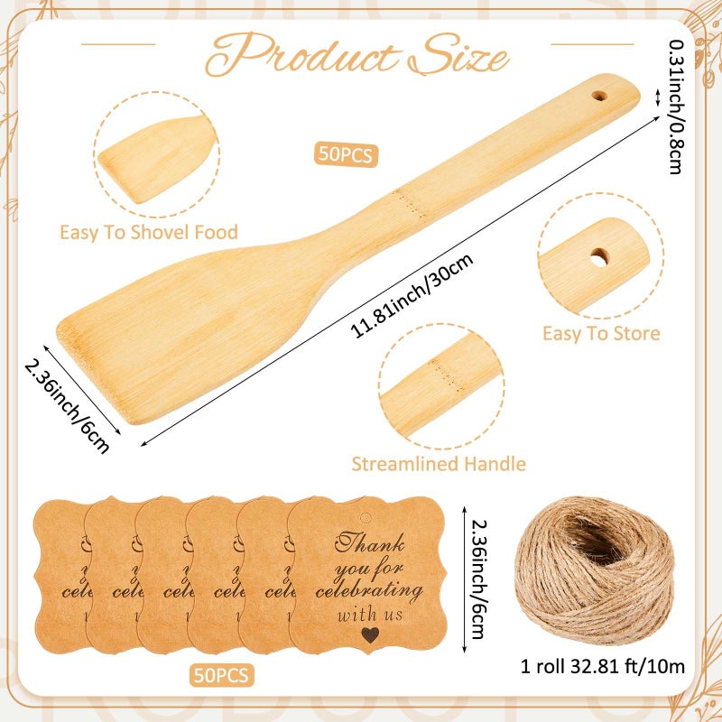 Lineshading 50 Pcs Bamboo Wooden Spatula Bulk, 12 Inch Kitchen Spatula Utensils with Thank You Cards for Cooking Birthday Wedding Baby Shower Housewarming Party Gift(Solid) - Image 2