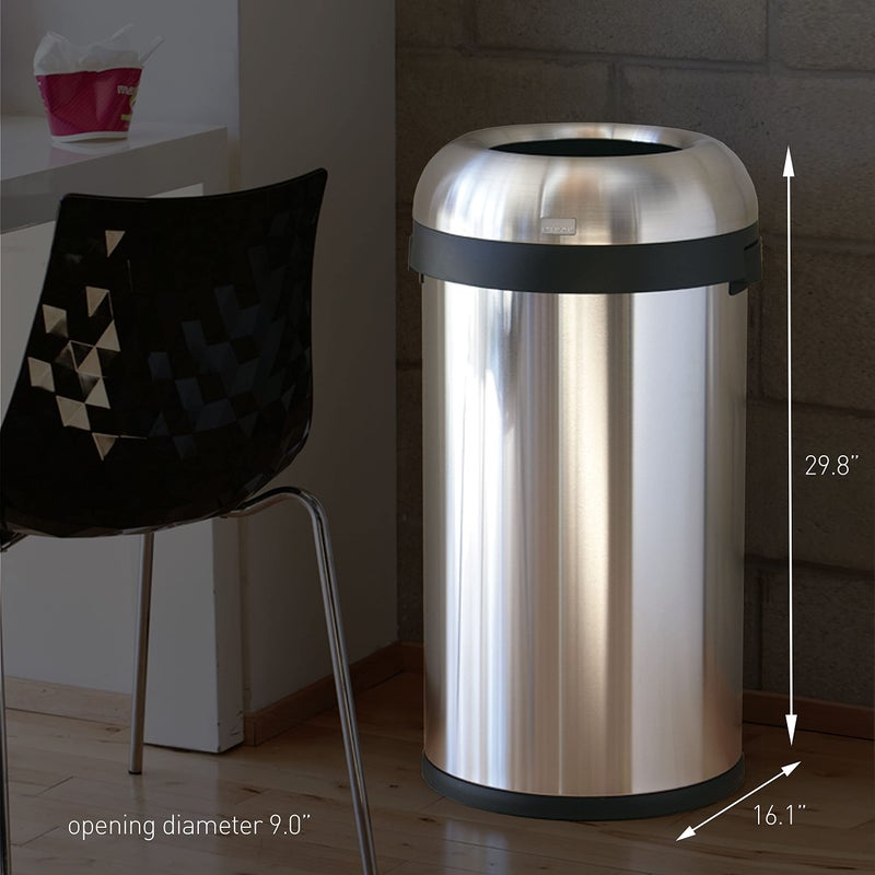 simplehuman 60 Liter 16 Gallon Bullet Open Top Trash Can Commercial Grade Heavy Gauge Brushed Stainless Steel - Image 5