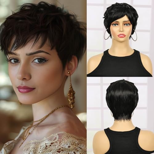 Creamily Short Hair Wig for Old Women,Synthetic Brown Pixie Cut Wig Pixie Hair Wig, Layered Full Wig for Women Full Head for Diwali/Party/Daily Use (Brown, 8 inches) - Image 1