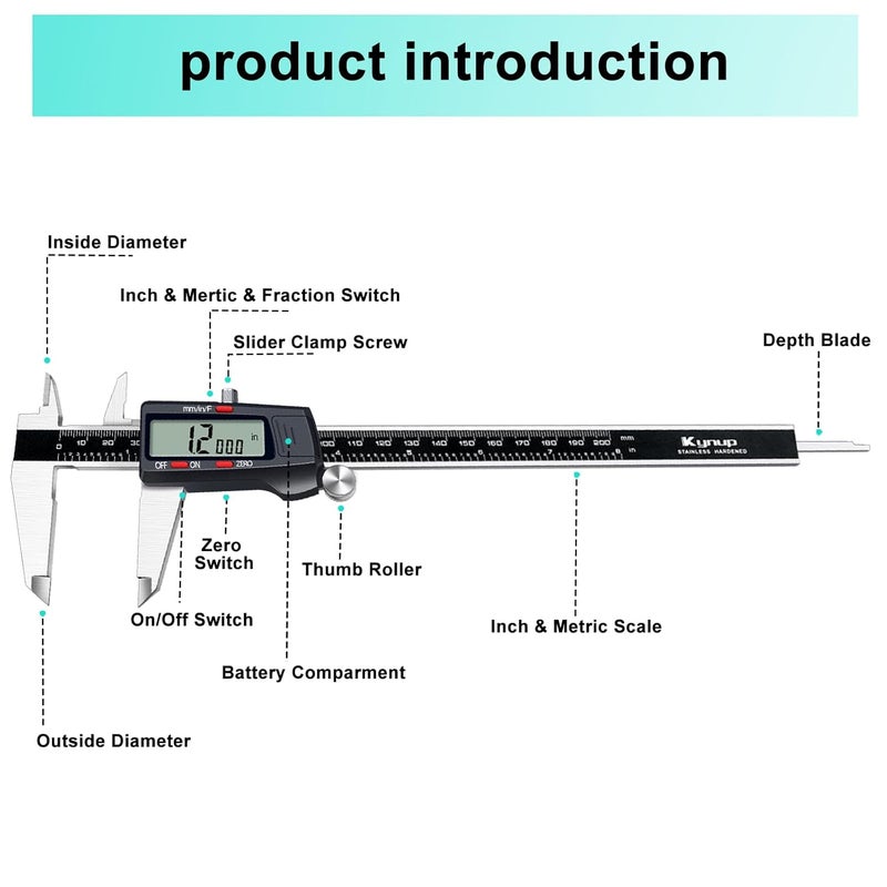 Kynup Digital Caliper, 8 Inch Micrometer Caliper Tool, Vernier Caliper with Stainless Steel Body, Large LCD Screen, Auto - Off Feature, Inch Metric Fraction Conversion (200mm) - Image 5