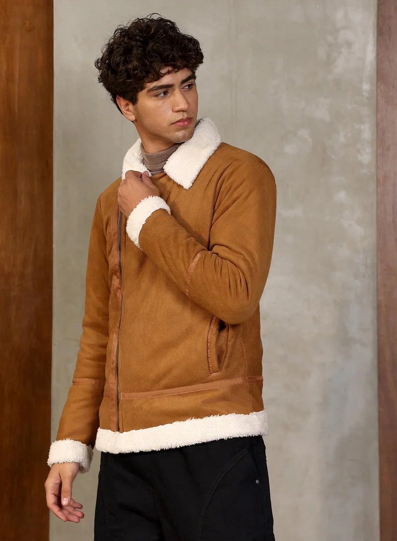 Campus Sutra Campus Sutra Men's Tan Brown Contrast Sherpa-Lined Suede Biker Jacket | Notch Collar , Sherpa-Lined Sleeves , Zipper Closure , Straight Hem | Solid Textured For Casual & Daily Wear