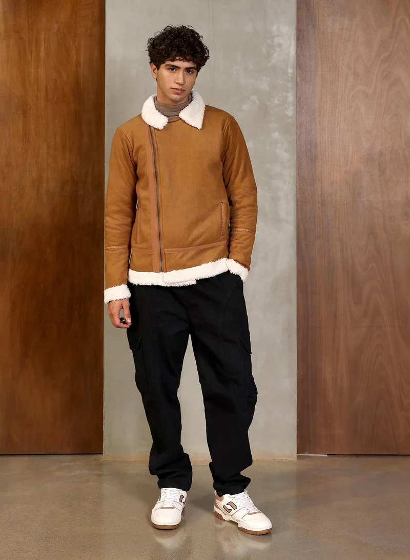 Campus Sutra Campus Sutra Men's Tan Brown Contrast Sherpa-Lined Suede Biker Jacket | Notch Collar , Sherpa-Lined Sleeves , Zipper Closure , Straight Hem | Solid Textured For Casual & Daily Wear