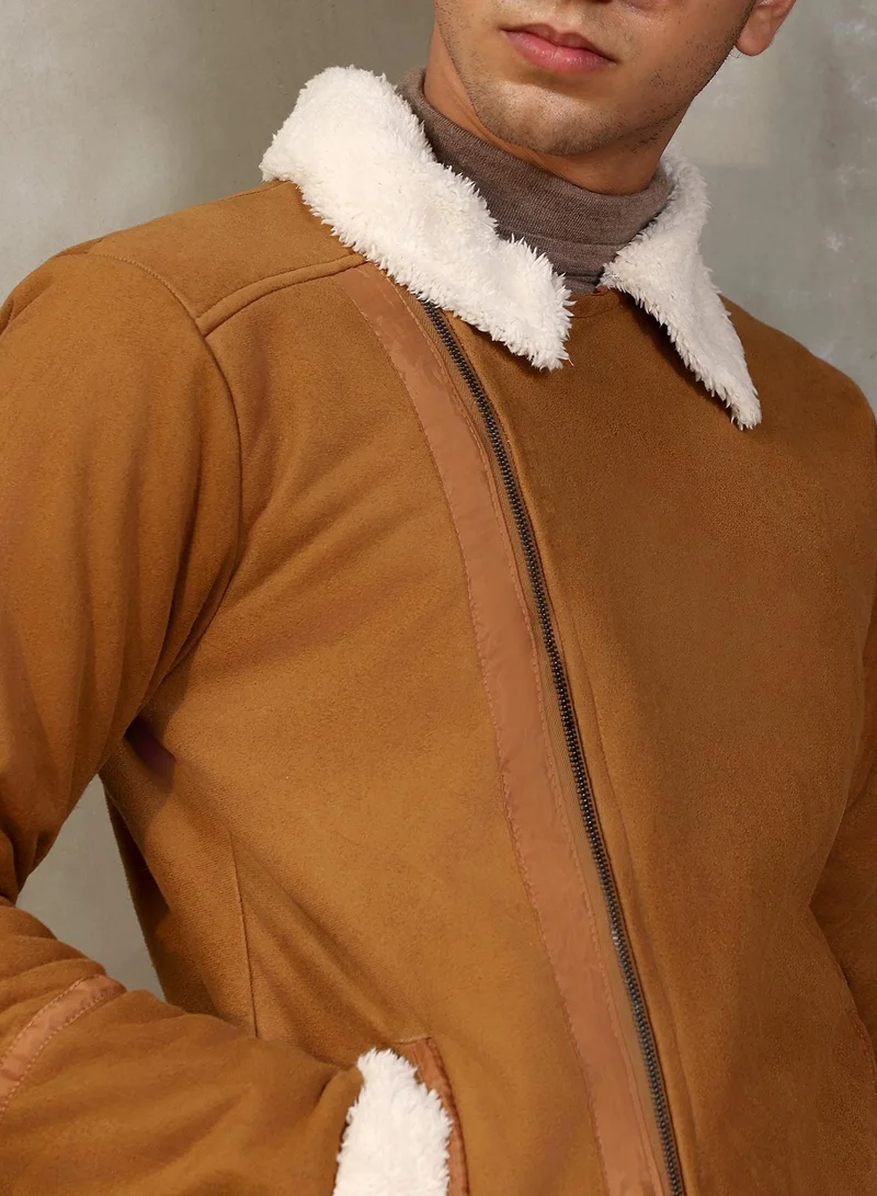 Campus Sutra Campus Sutra Men's Tan Brown Contrast Sherpa-Lined Suede Biker Jacket | Notch Collar , Sherpa-Lined Sleeves , Zipper Closure , Straight Hem | Solid Textured For Casual & Daily Wear
