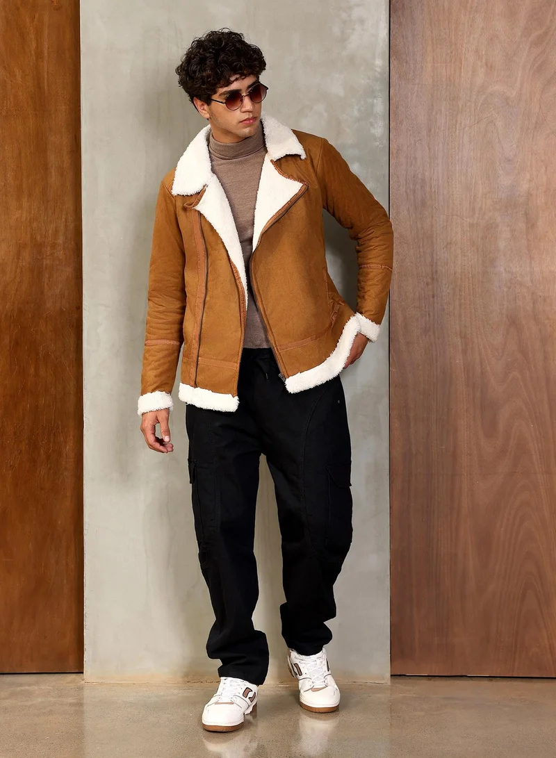 Campus Sutra Campus Sutra Men's Tan Brown Contrast Sherpa-Lined Suede Biker Jacket | Notch Collar , Sherpa-Lined Sleeves , Zipper Closure , Straight Hem | Solid Textured For Casual & Daily Wear
