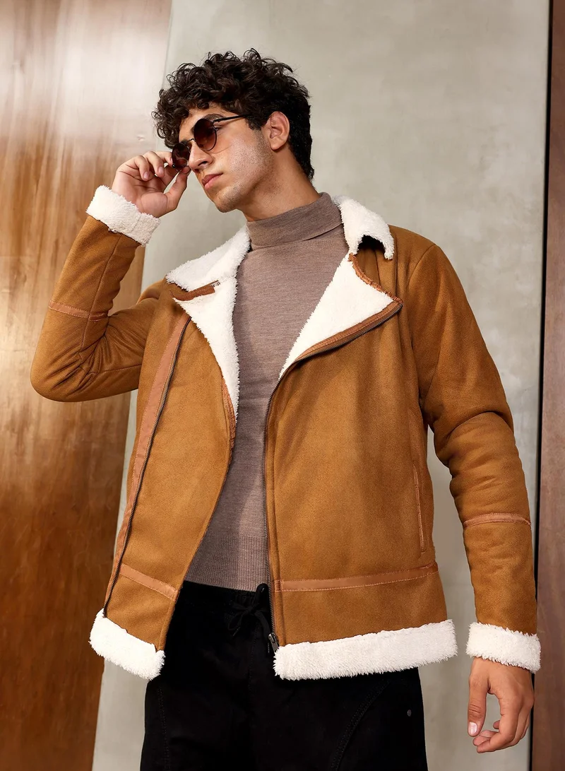 كامبوس سوترا Campus Sutra Men's Tan Brown Contrast Sherpa-Lined Suede Biker Jacket | Notch Collar , Sherpa-Lined Sleeves , Zipper Closure , Straight Hem | Solid Textured For Casual & Daily Wear