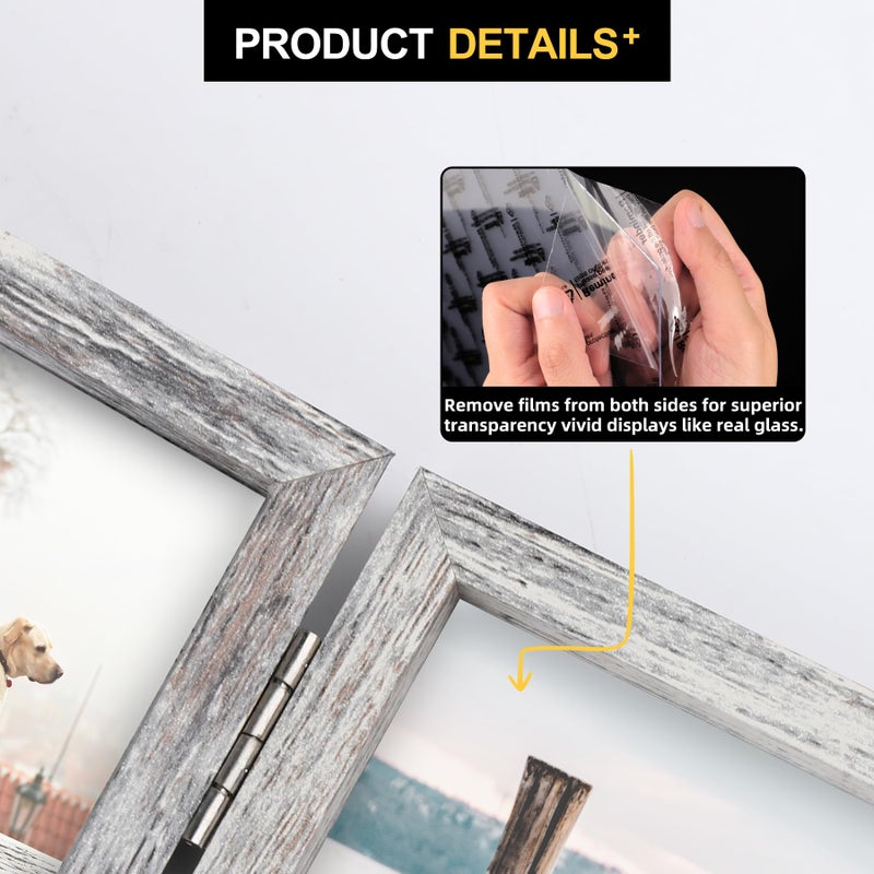 FOREV 5x7 Double Picture Frame Wooden Hinged Photo Frame Definition Glass Stand Vertically on Desktop or Tabletop Distressed White - Image 4