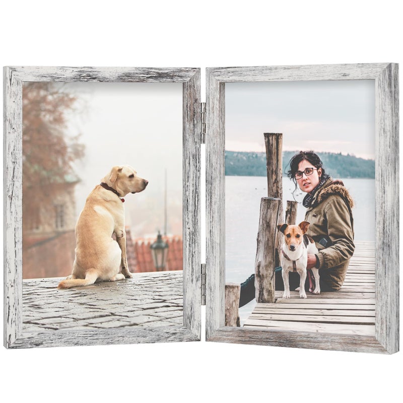FOREV 5x7 Double Picture Frame Wooden Hinged Photo Frame Definition Glass Stand Vertically on Desktop or Tabletop Distressed White - Image 1