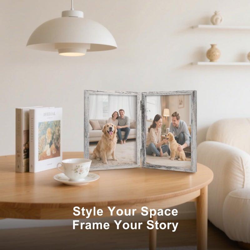 FOREV 5x7 Double Picture Frame Wooden Hinged Photo Frame Definition Glass Stand Vertically on Desktop or Tabletop Distressed White - Image 5