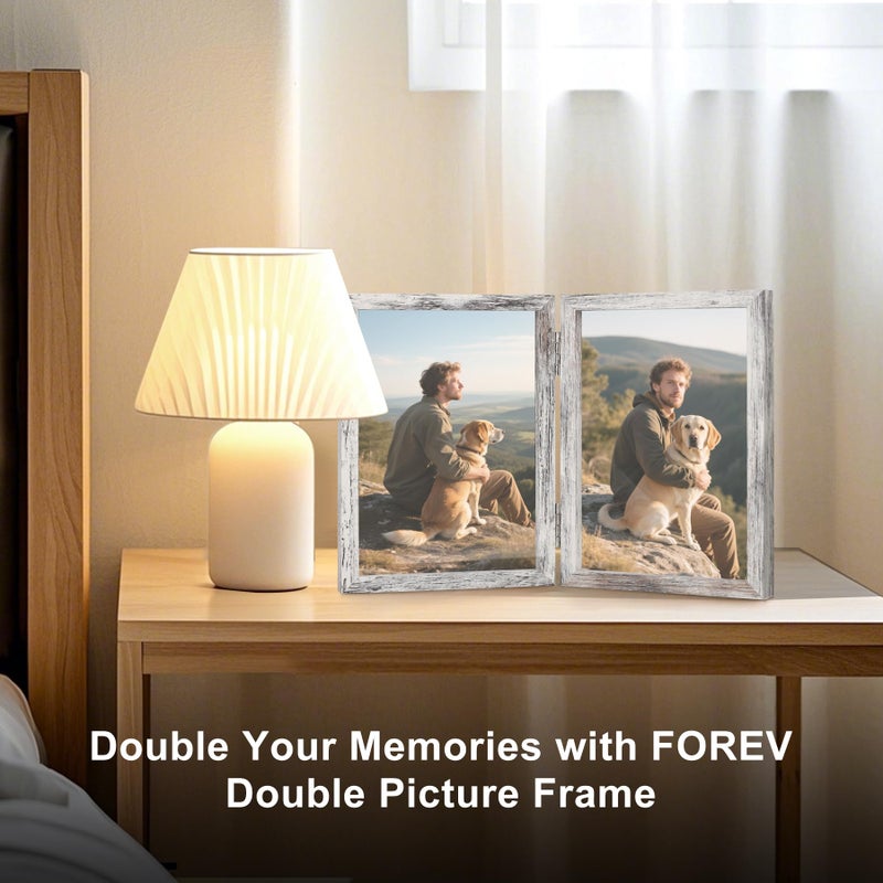 FOREV 5x7 Double Picture Frame Wooden Hinged Photo Frame Definition Glass Stand Vertically on Desktop or Tabletop Distressed White - Image 2