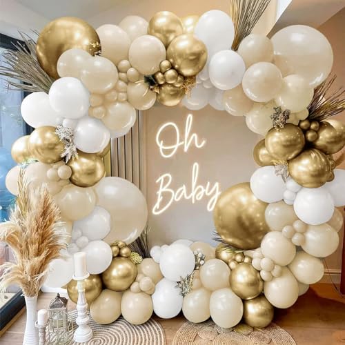 Blocesa Sand White Gold Balloon Arch Kit, White Beige Chrome Gold Balloons Cream Balloons Metallic Gold Balloon for Boho Neutral Wedding Bridal Shower Birthday Decorations. - Image 1