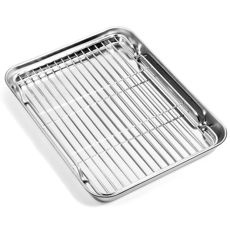 Baking Sheet with Cooling Rack 1 Cookie Sheet  1 Baking Rack Stainless Steel Small Baking Sheet Pan with Wire Rack Toaster Oven Pans Size 104 x 8 x 1 Inch Nontoxic  Heavy Duty  Nonstick