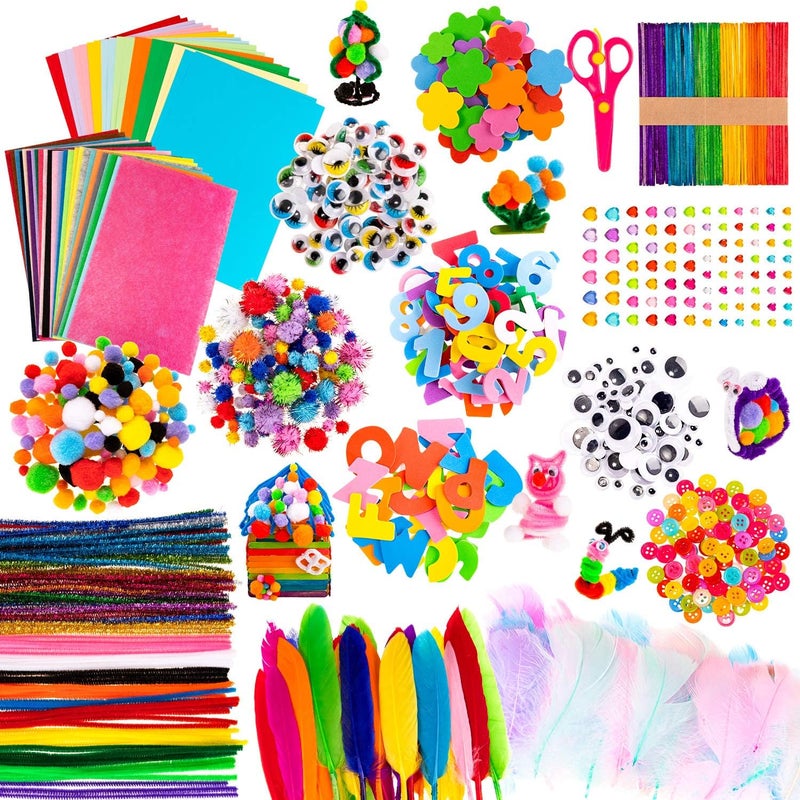 Whaline 1050 PCS Art Craft Kit Supplies 17 Styles Pipe Cleaners Pompoms Wiggle Googly Eyes Foam Flowers Letters Construction Papers Safety Scissors Sticks Heart Stickers Feather Felt Cloth Button - Image 1