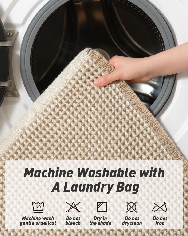 AMOAMI Upgraded Waffle Runner Rug Super Absorbent Non Slip Bath Mats for Bathroom Machine Washable Bathroom Runner Rug with Tassels, Ideal for Hallway Bedroom Laundry Room, 2' x 4', Brown & Cream - Image 5