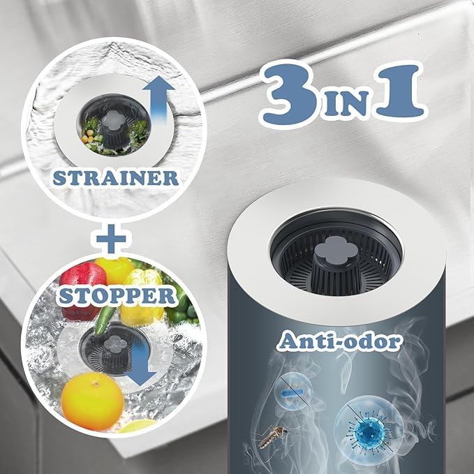 Bindex 3 in 1 Kitchen Sink Drain Strainer and Stopper Combo, SUS304 Stainless Steel Pop-up Kitchen Sink Stopper,Fast Drainage Sink Drain Strainer for Standard 3-1/2 Inch Drain (2) - Image 2