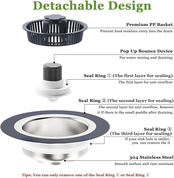 Bindex 3 in 1 Kitchen Sink Drain Strainer and Stopper Combo, SUS304 Stainless Steel Pop-up Kitchen Sink Stopper,Fast Drainage Sink Drain Strainer for Standard 3-1/2 Inch Drain (2) - Image 5
