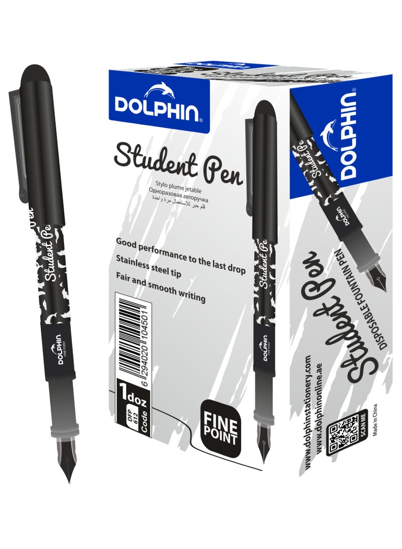 Dolphin Student Fine Tip Disposable Fountain Pen – Smooth Ink Flow, Black Ink, Pack of 12 