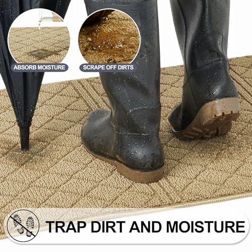 REFETONE Indoor Doormat, Front Back Door Mat 24"x36" Absorbent Rubber Backing Non Slip Door Mats, Low-Profile Resist Dirt Entrance Rugs, Machine Washable Door Rug Inside Floor Mat for Entryway, Beige - Image 3