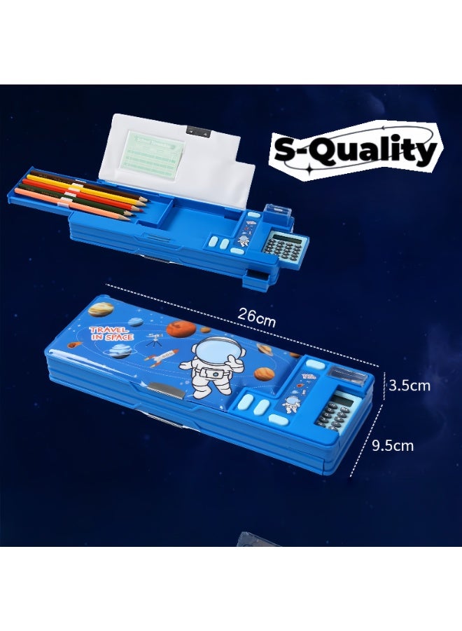 S-Quality Astronaut Pencil Case with Calculator, Built-in Sharpener and Schedule, Multifunctional Stationery Box for Kids, Boys and Girls – Blue - Image 1