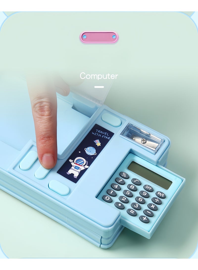 S-Quality Astronaut Pencil Case with Calculator, Built-in Sharpener and Schedule, Multifunctional Stationery Box for Kids, Boys and Girls – Blue - Image 3