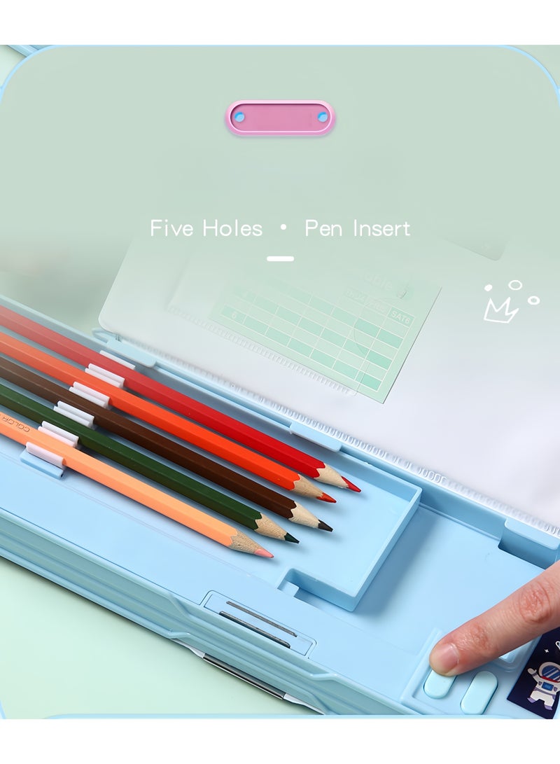 S-Quality Astronaut Pencil Case with Calculator, Built-in Sharpener and Schedule, Multifunctional Stationery Box for Kids, Boys and Girls – Blue - Image 2