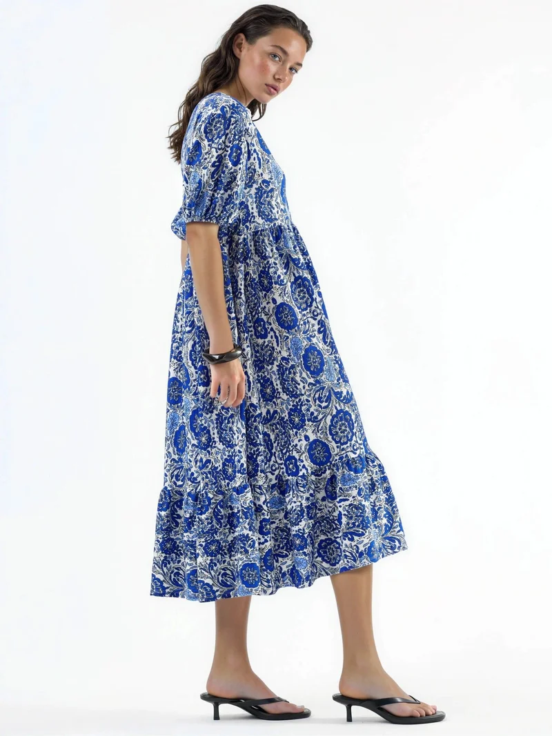 بوسيم BUSEM Floral Crepe Midi Dress with Three Quarter Sleeves