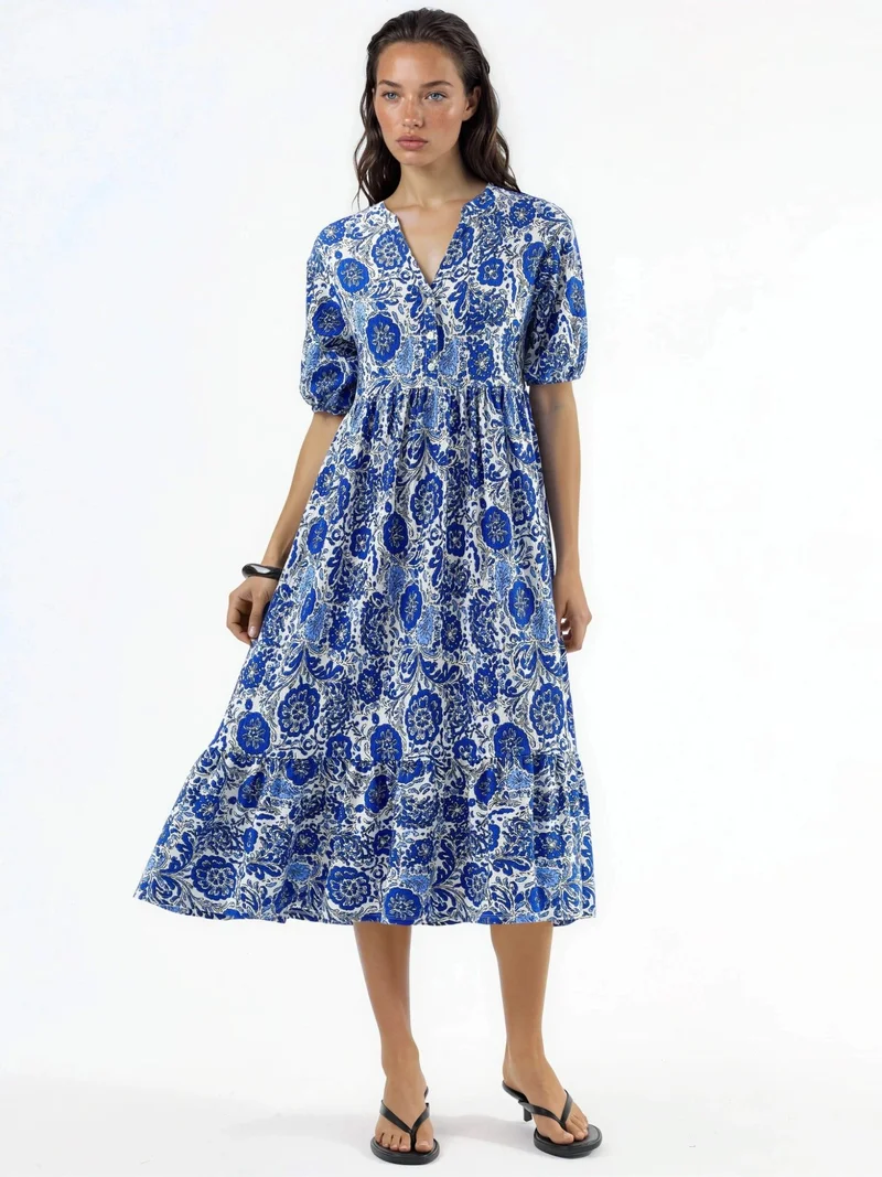 بوسيم BUSEM Floral Crepe Midi Dress with Three Quarter Sleeves