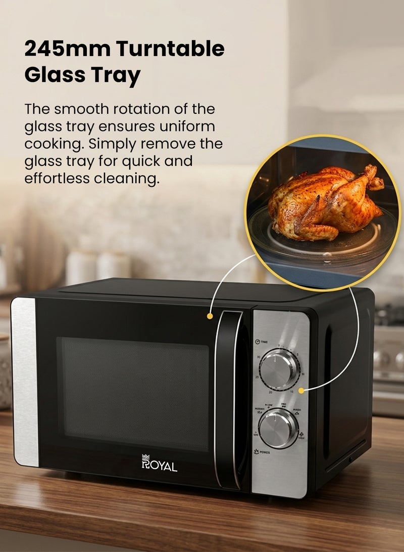 Royal Manual Microwave Oven, 6 Power Leves, 30 min Timer, Child Safety-Lock, Cooking End Signal, Easy Pull Chrome Handle 20 L 700 W RA-20XM2 Black Silver - Image 4