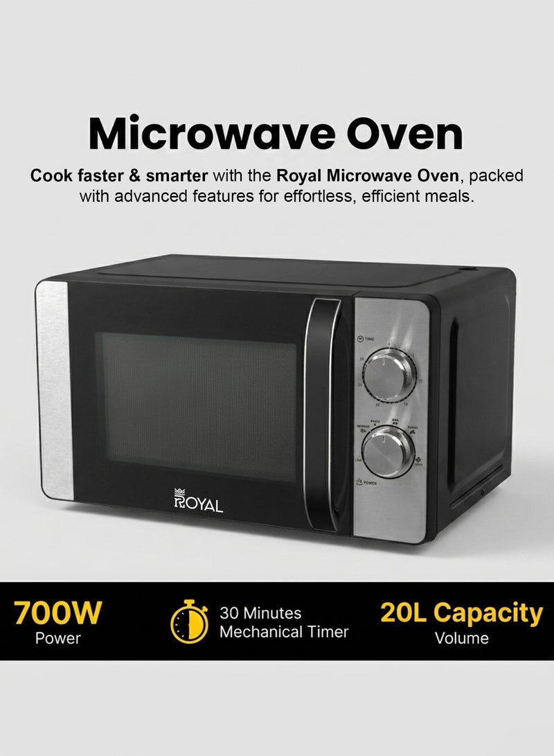 Royal Manual Microwave Oven, 6 Power Leves, 30 min Timer, Child Safety-Lock, Cooking End Signal, Easy Pull Chrome Handle 20 L 700 W RA-20XM2 Black Silver - Image 2