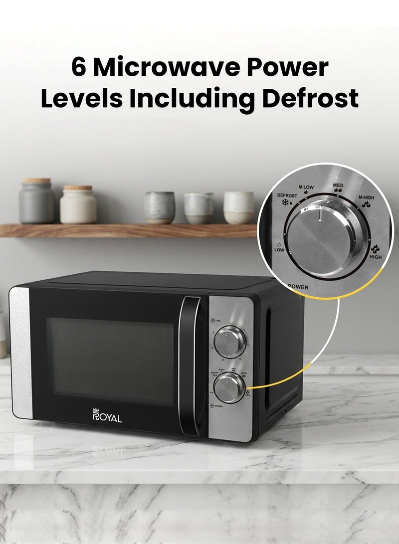 Royal Manual Microwave Oven, 6 Power Leves, 30 min Timer, Child Safety-Lock, Cooking End Signal, Easy Pull Chrome Handle 20 L 700 W RA-20XM2 Black Silver - Image 3