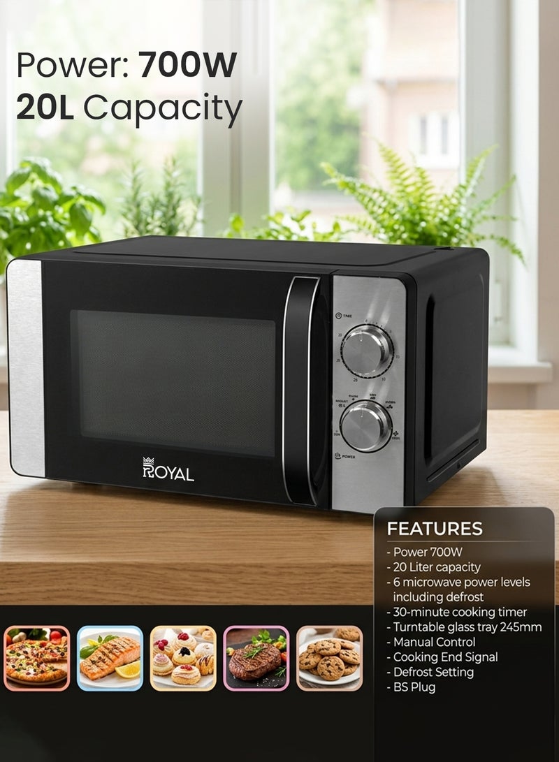 Royal Manual Microwave Oven, 6 Power Leves, 30 min Timer, Child Safety-Lock, Cooking End Signal, Easy Pull Chrome Handle 20 L 700 W RA-20XM2 Black Silver - Image 5