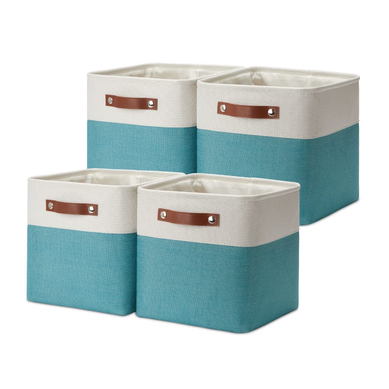 DULLEMELO Foldable Storage Cubes 11 x 11 Organizer BinsCanvas Storage Bins Empty Gift Baskets for Organizing with SturdyLeather Handles Closet Baskets for Nursery Storage4 Pack  11 WhiteTeal