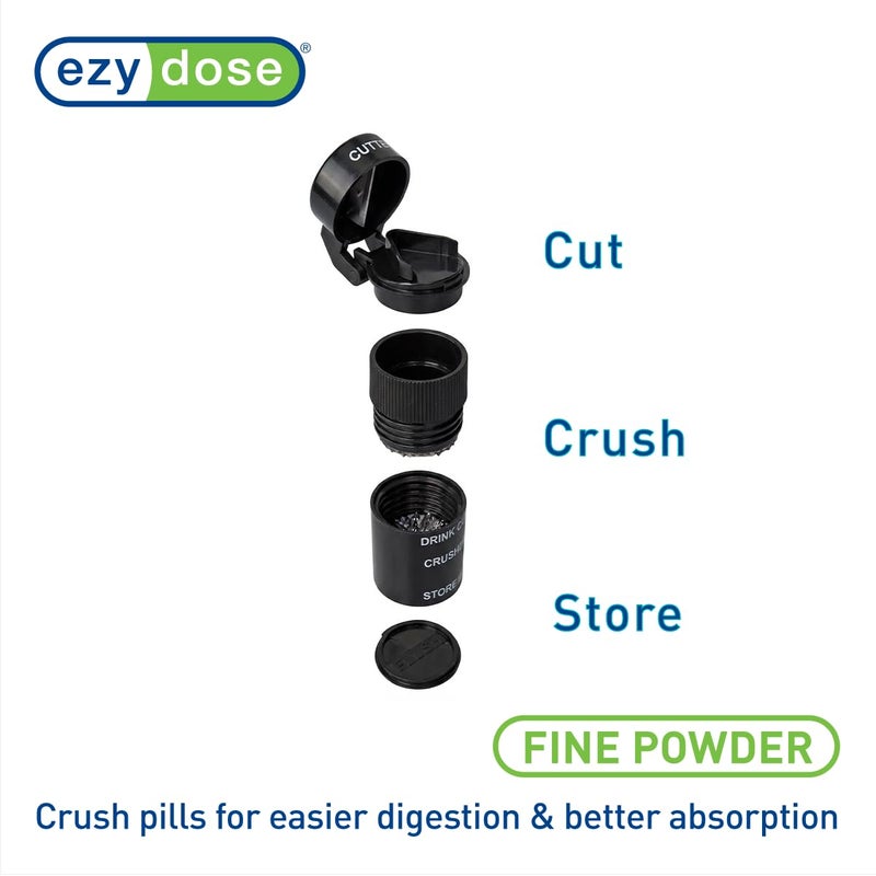 EZY DOSE 3 Compartment Pill Crusher, Cutter and Grinder, Daily Usage, Safely Cut Pills, Vitamins, Tablets, Accurate and Easy Cutting, Stainless Steel Blade, Removable Drinking Cup, Black, BPA Free - Image 4