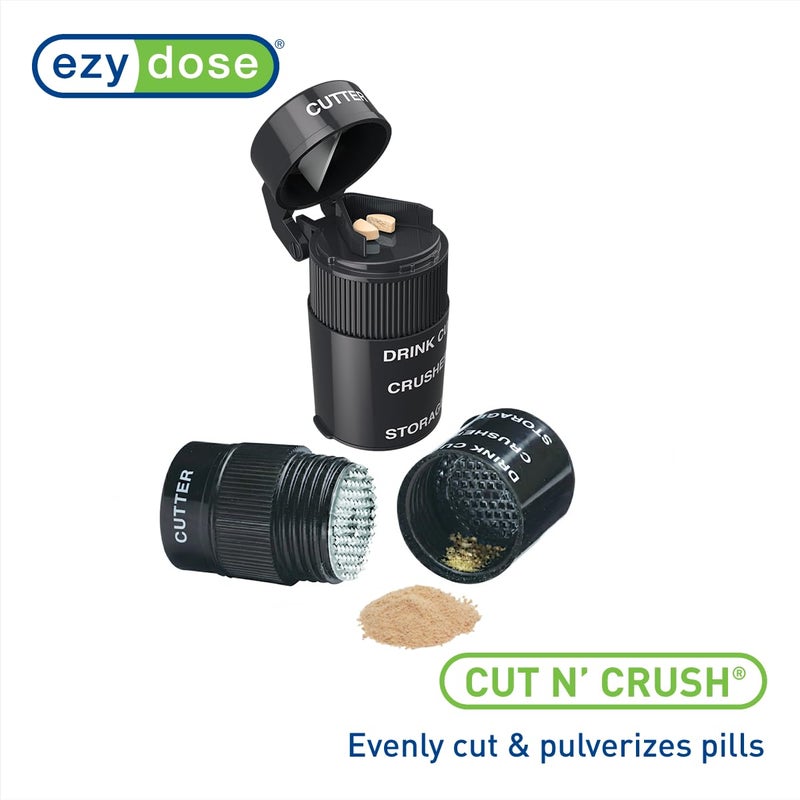 EZY DOSE 3 Compartment Pill Crusher, Cutter and Grinder, Daily Usage, Safely Cut Pills, Vitamins, Tablets, Accurate and Easy Cutting, Stainless Steel Blade, Removable Drinking Cup, Black, BPA Free - Image 3