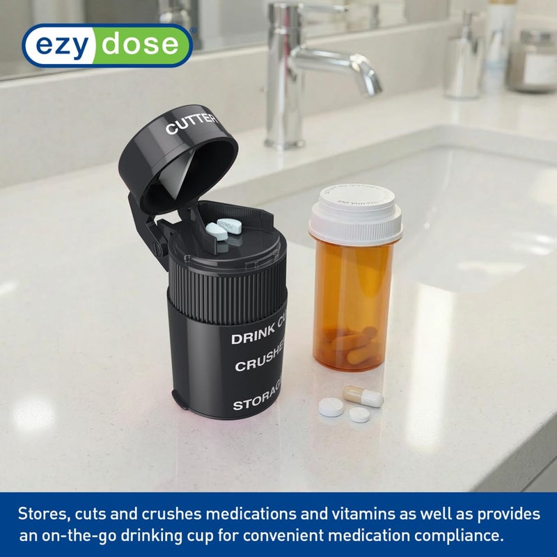 EZY DOSE 3 Compartment Pill Crusher, Cutter and Grinder, Daily Usage, Safely Cut Pills, Vitamins, Tablets, Accurate and Easy Cutting, Stainless Steel Blade, Removable Drinking Cup, Black, BPA Free - Image 2