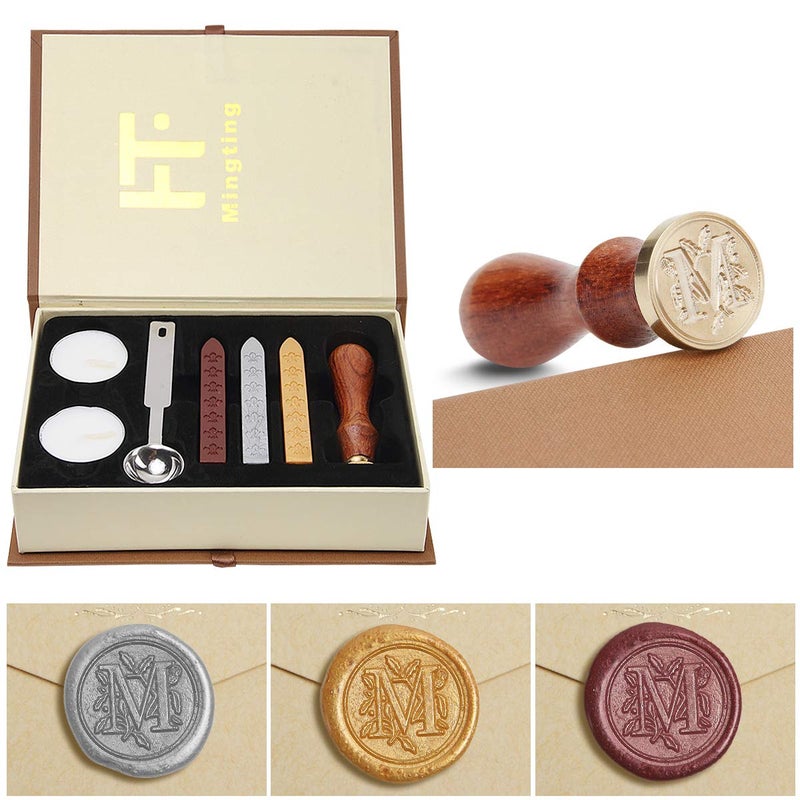 Mingting Wax Seal Stamp KitMingting Classical OldFashioned Antique Wax Stamp Seal Kit Initial Letters Alphabet Set Gift Box with Vintage Wooden Handle and Brass Color HeadM