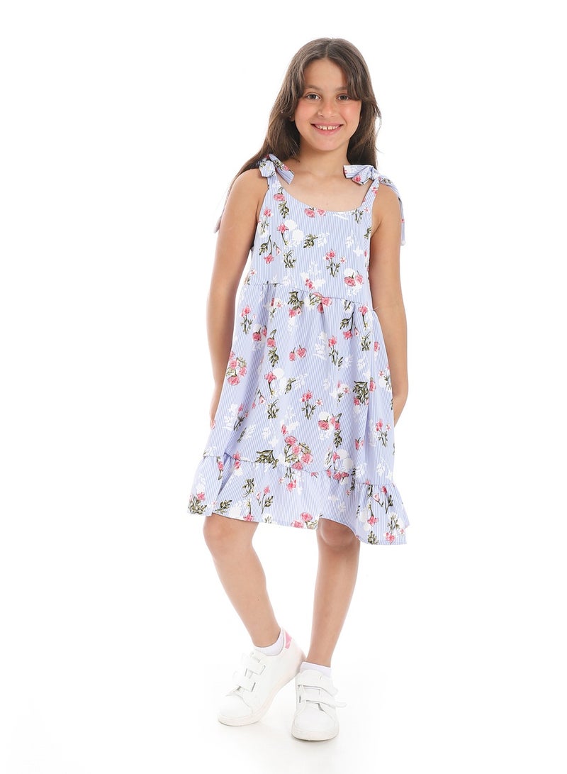 Andora Floral Tie Strap Girls Dress _ Light Blue, White and Watermelon - Image 1